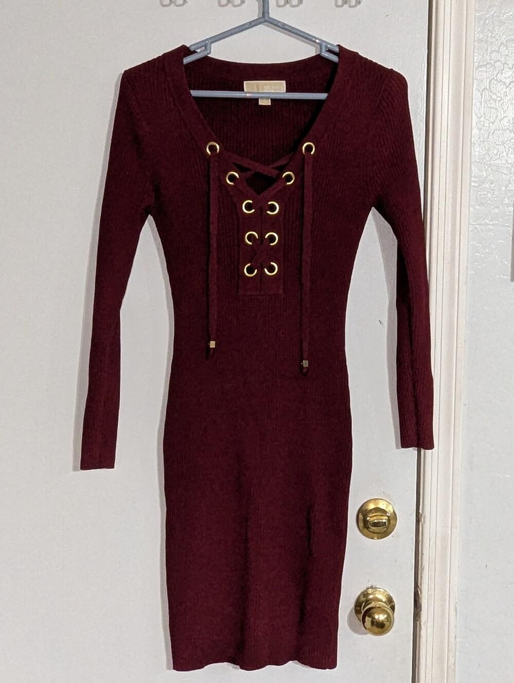 Michael Kors Burgundy Ribbed Bodycon Lace Up V-Neck Knit Dress